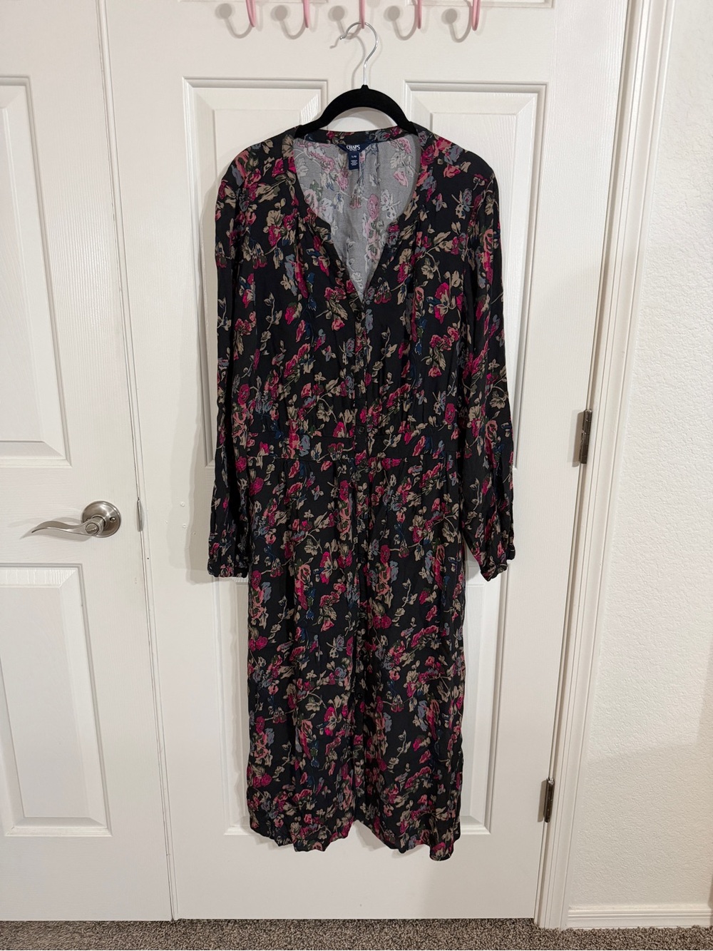 Chaps L Black Floral Button Front Maxi Dress Pockets Boho Whimsigoth